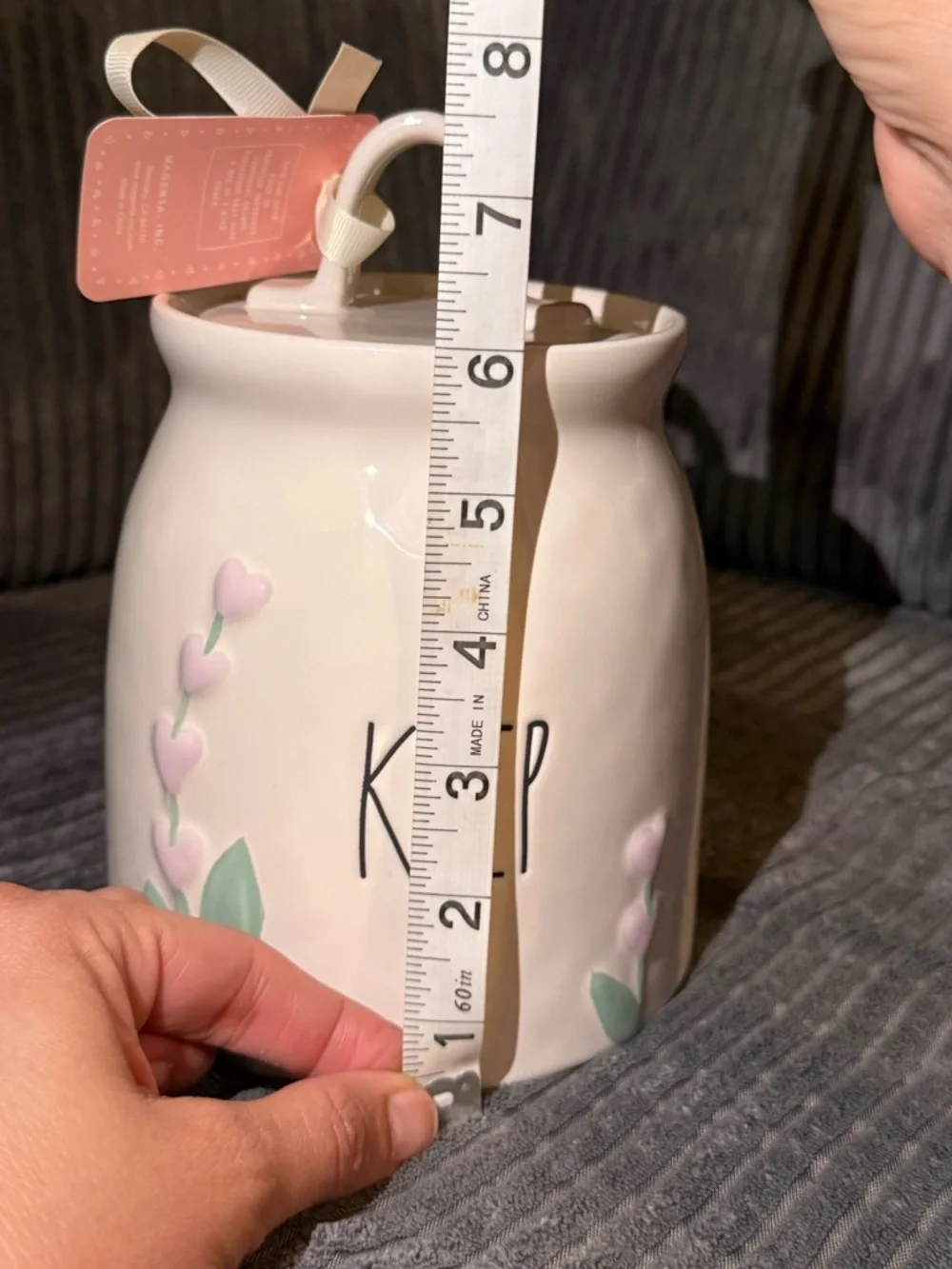 Rae Dunn White Ceramic 'KEEP' Canister with Pastel Heart Shaped Floral Accents